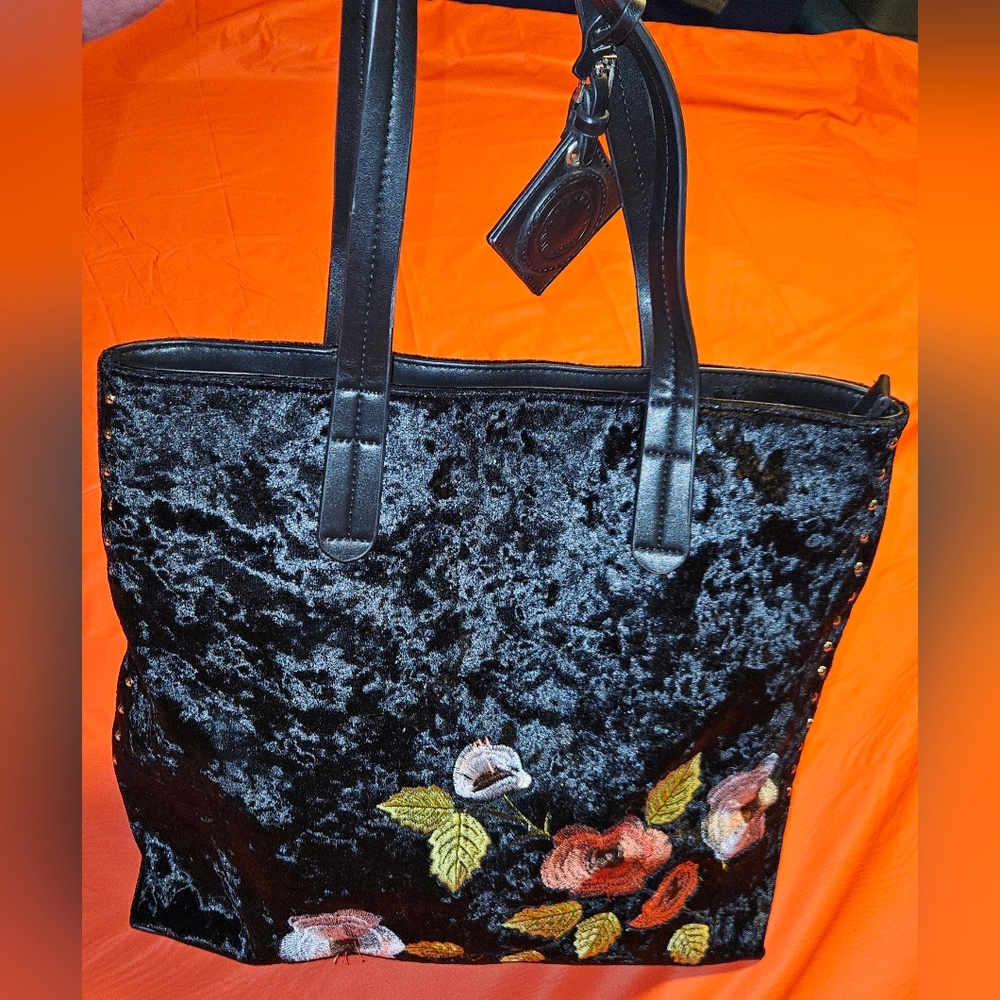 Catherine Malandrino Velvety Embroidered Floral Appliqué w/Edgy Studded Accents